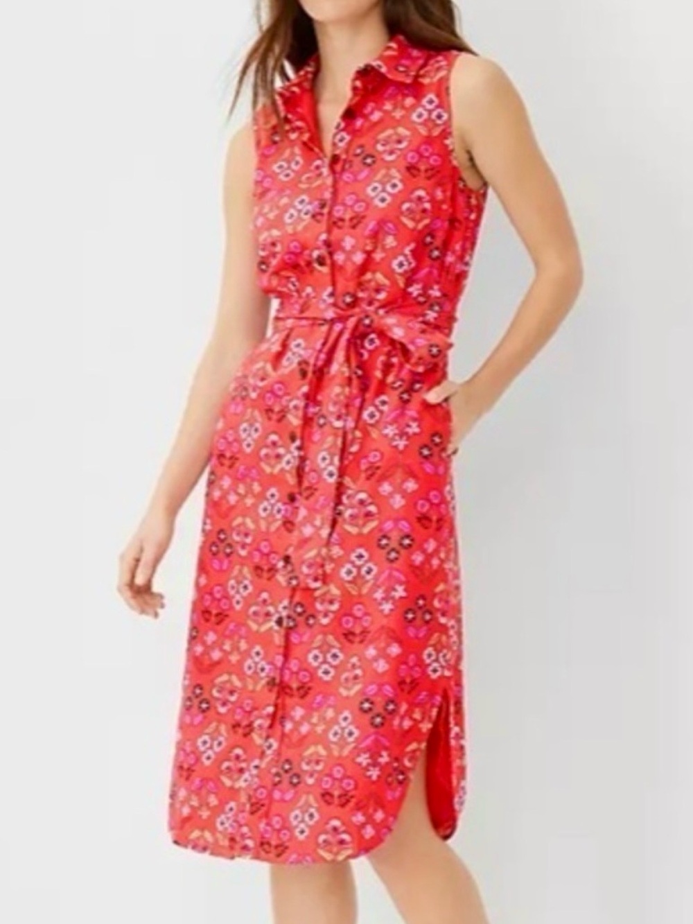 Ann Taylor Linen Blend Floral Shirt Dress Red Sleeveless Belted Button Up Sz 12
